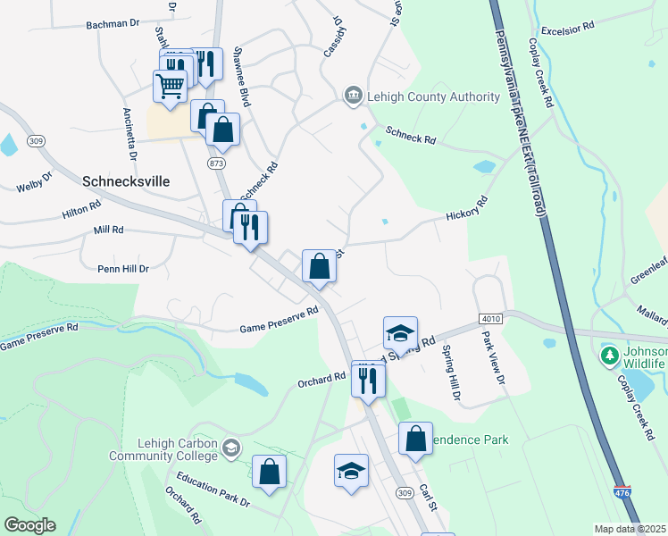 map of restaurants, bars, coffee shops, grocery stores, and more near 4745 Spruce Street in Schnecksville