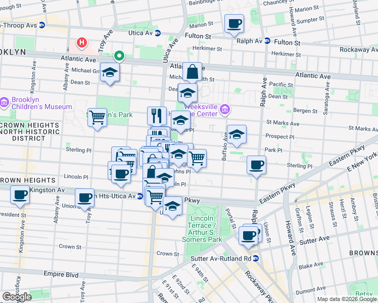 map of restaurants, bars, coffee shops, grocery stores, and more near 218 Rochester Avenue in Brooklyn