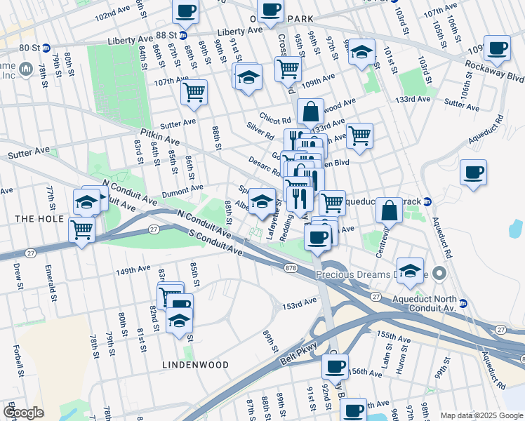 map of restaurants, bars, coffee shops, grocery stores, and more near 137-02 Whitelaw Street in Queens