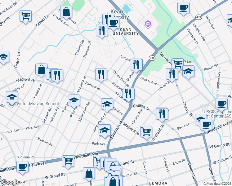 map of restaurants, bars, coffee shops, grocery stores, and more near 732 Emerson Avenue in Elizabeth