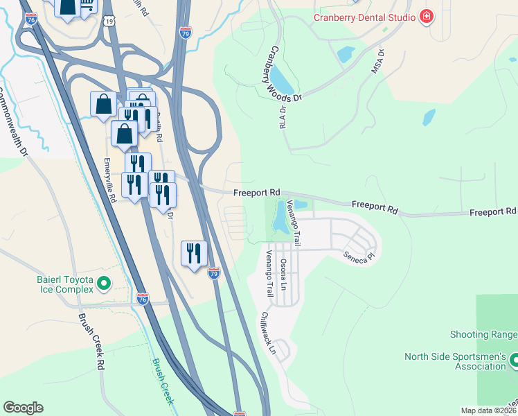 map of restaurants, bars, coffee shops, grocery stores, and more near 1305 Freeport Road in Mars