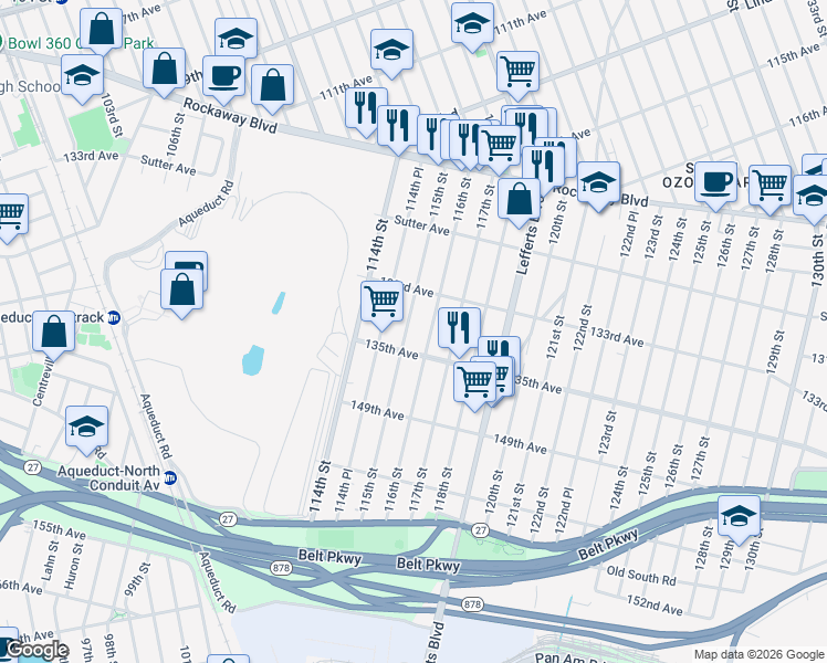 map of restaurants, bars, coffee shops, grocery stores, and more near 133-41 115th Street in Queens