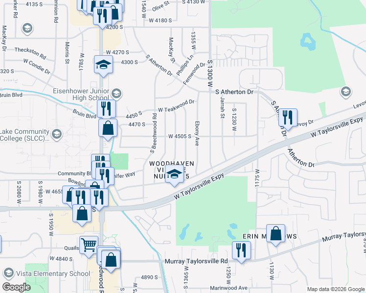 map of restaurants, bars, coffee shops, grocery stores, and more near 4494 Thornwood Avenue in Taylorsville