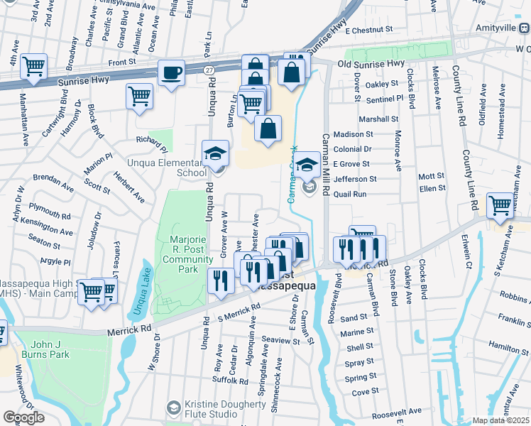 map of restaurants, bars, coffee shops, grocery stores, and more near 300 Belair Drive in Massapequa Park