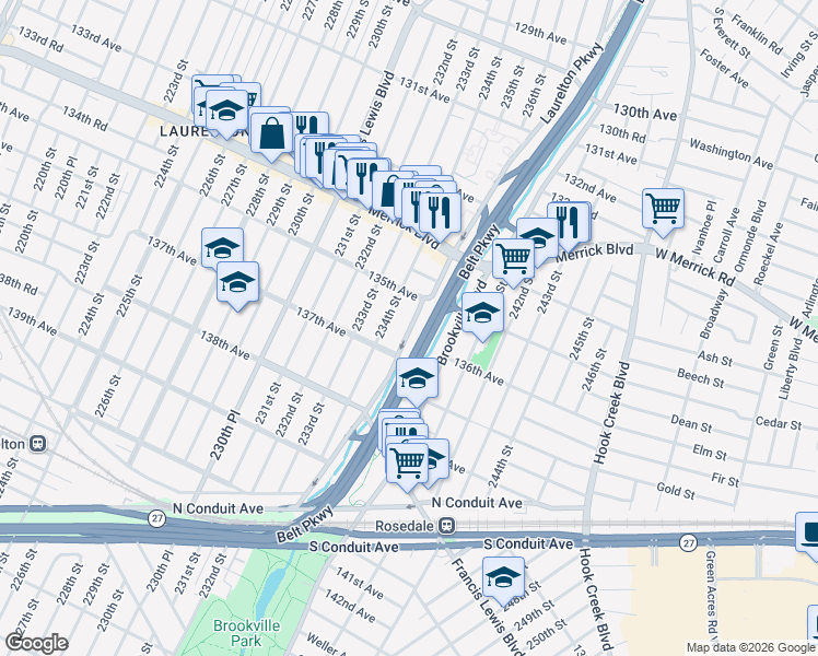 map of restaurants, bars, coffee shops, grocery stores, and more near 135-09 234th Street in Queens