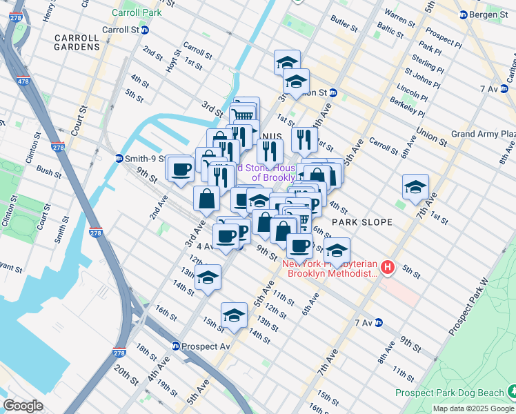 map of restaurants, bars, coffee shops, grocery stores, and more near 414 4th Avenue in Brooklyn