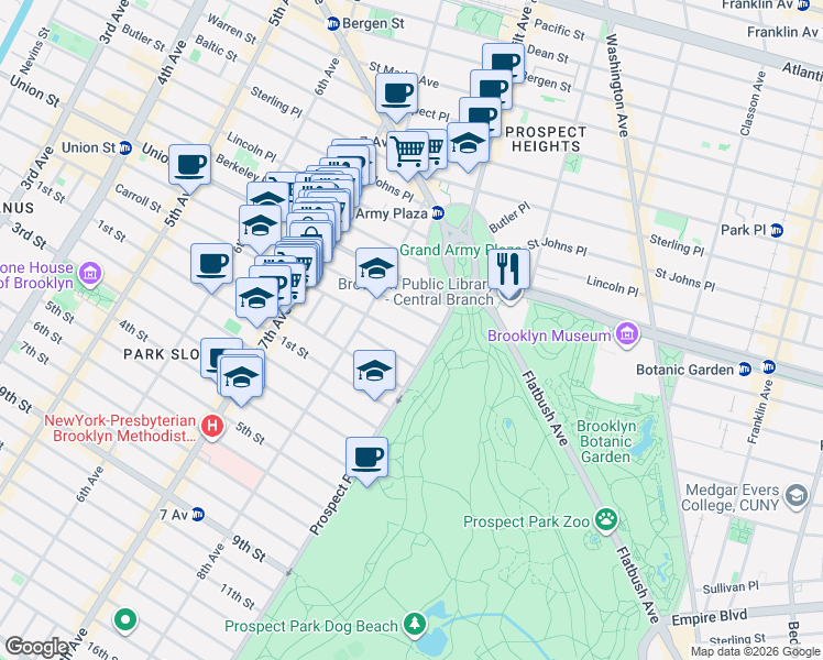 map of restaurants, bars, coffee shops, grocery stores, and more near 916 President Street in Brooklyn