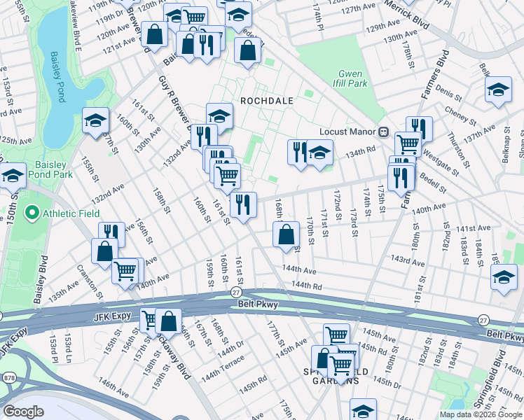 map of restaurants, bars, coffee shops, grocery stores, and more near 134-47 166th Place in Queens
