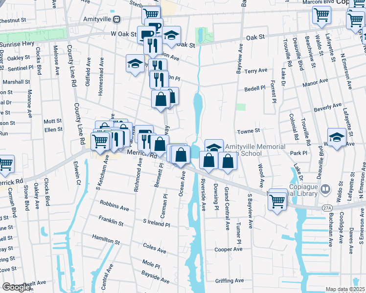 map of restaurants, bars, coffee shops, grocery stores, and more near 182 Merrick Road in Amityville