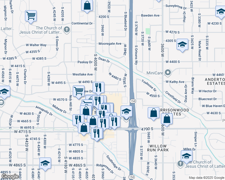 map of restaurants, bars, coffee shops, grocery stores, and more near 3884 West 4504 South in West Valley City