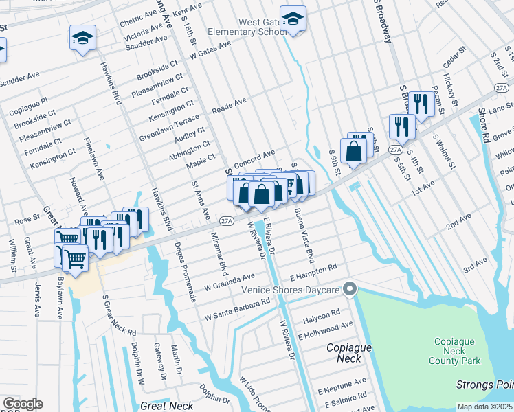 map of restaurants, bars, coffee shops, grocery stores, and more near 580 South 16th Street in Lindenhurst