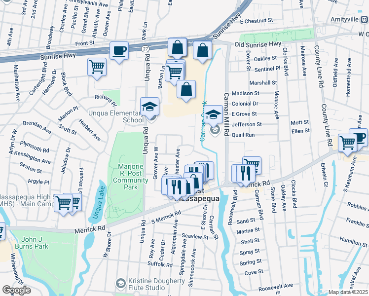 map of restaurants, bars, coffee shops, grocery stores, and more near 300 Belair Drive in Massapequa Park