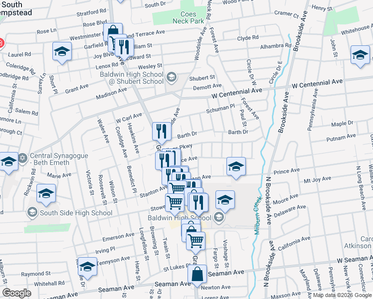 map of restaurants, bars, coffee shops, grocery stores, and more near 864 Barth Drive in Baldwin