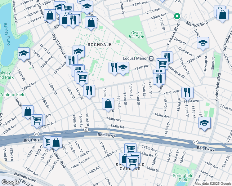 map of restaurants, bars, coffee shops, grocery stores, and more near 137-03 170th Street in Queens