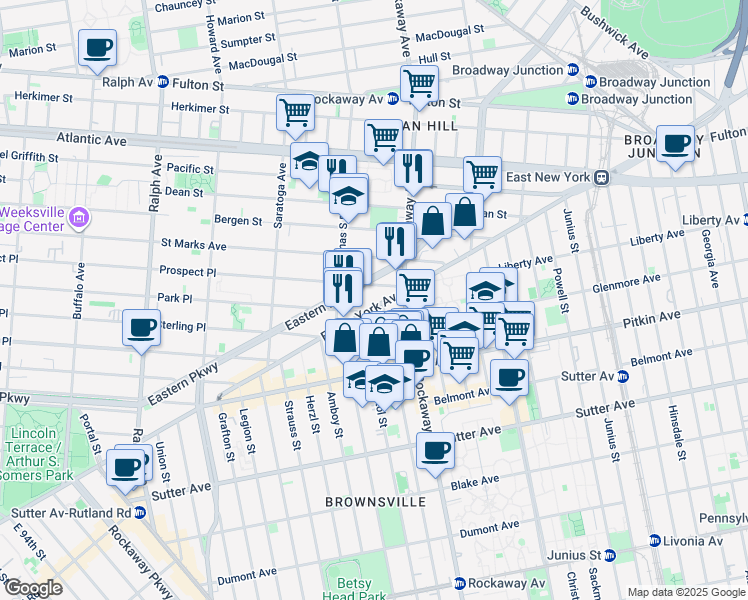 map of restaurants, bars, coffee shops, grocery stores, and more near 1700 Eastern Parkway in Brooklyn