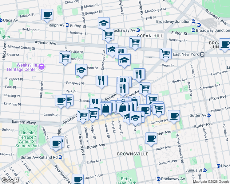 map of restaurants, bars, coffee shops, grocery stores, and more near 1841 Prospect Place in Brooklyn