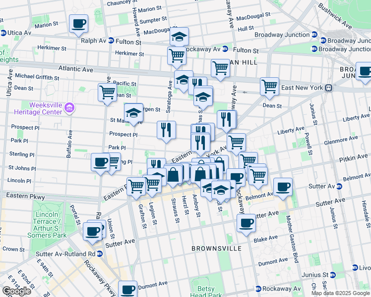 map of restaurants, bars, coffee shops, grocery stores, and more near 1841 Prospect Place in Brooklyn