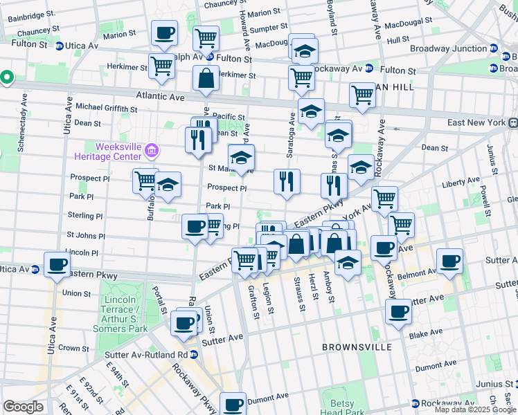map of restaurants, bars, coffee shops, grocery stores, and more near 1752 Prospect Place in Brooklyn