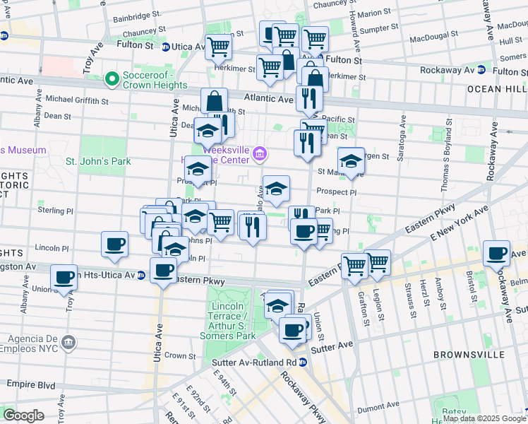 map of restaurants, bars, coffee shops, grocery stores, and more near 1568 Prospect Place in Brooklyn