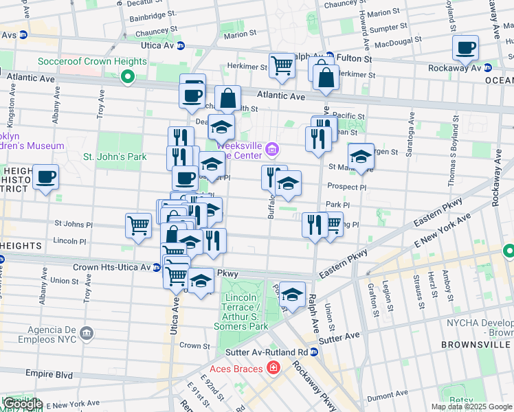 map of restaurants, bars, coffee shops, grocery stores, and more near 1551 Park Place in Brooklyn