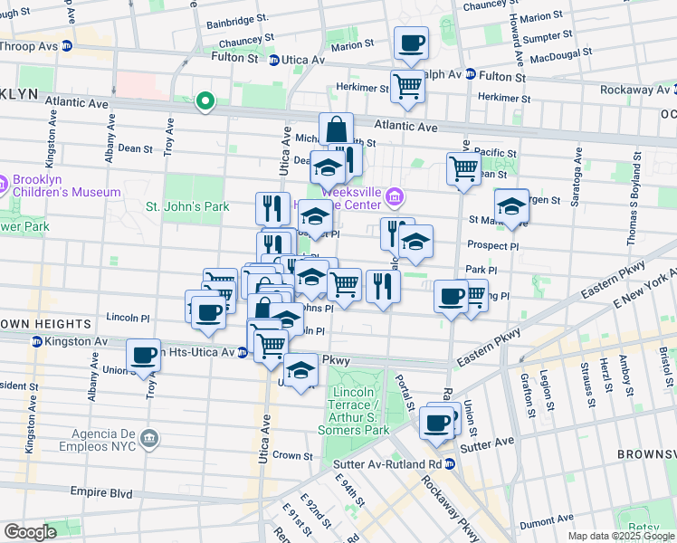 map of restaurants, bars, coffee shops, grocery stores, and more near 1505 Park Place in Brooklyn