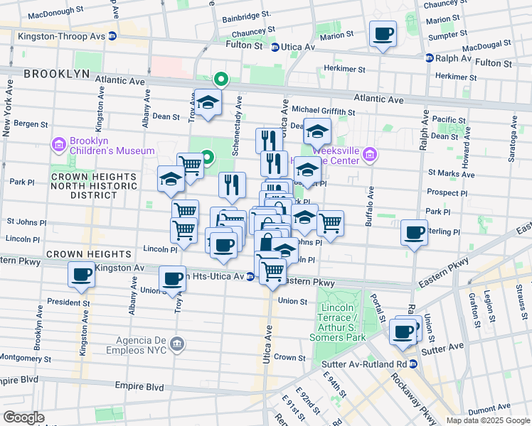 map of restaurants, bars, coffee shops, grocery stores, and more near 1367 Park Place in Brooklyn
