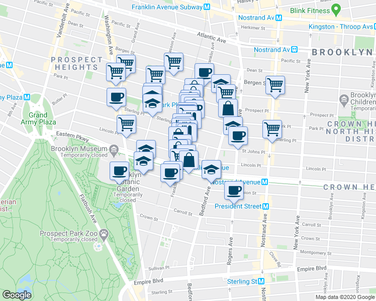 map of restaurants, bars, coffee shops, grocery stores, and more near 625 Saint Johns Place in Brooklyn