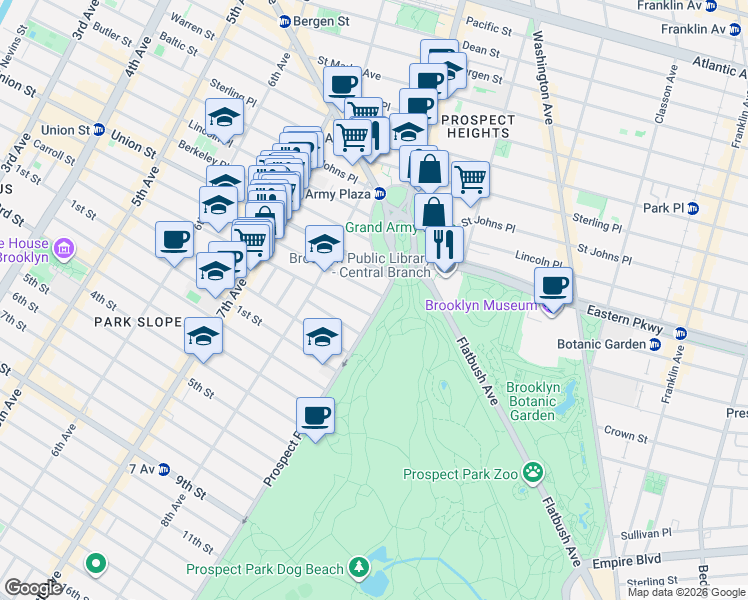 map of restaurants, bars, coffee shops, grocery stores, and more near 1 Prospect Park West in Brooklyn
