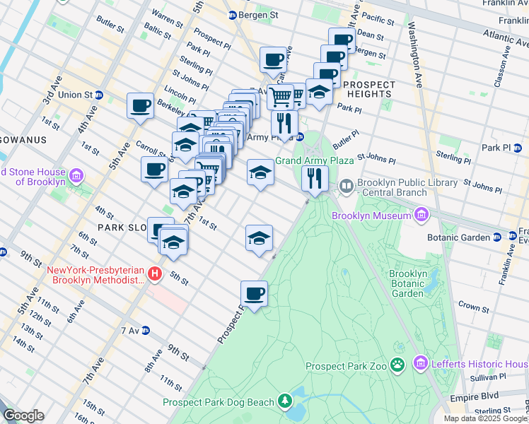 map of restaurants, bars, coffee shops, grocery stores, and more near 916 President Street in Brooklyn