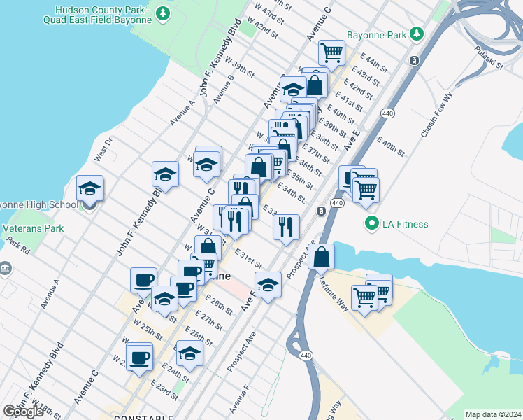 map of restaurants, bars, coffee shops, grocery stores, and more near 748 Broadway in Bayonne