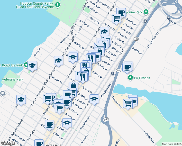 map of restaurants, bars, coffee shops, grocery stores, and more near 15 West 33rd Street in Bayonne