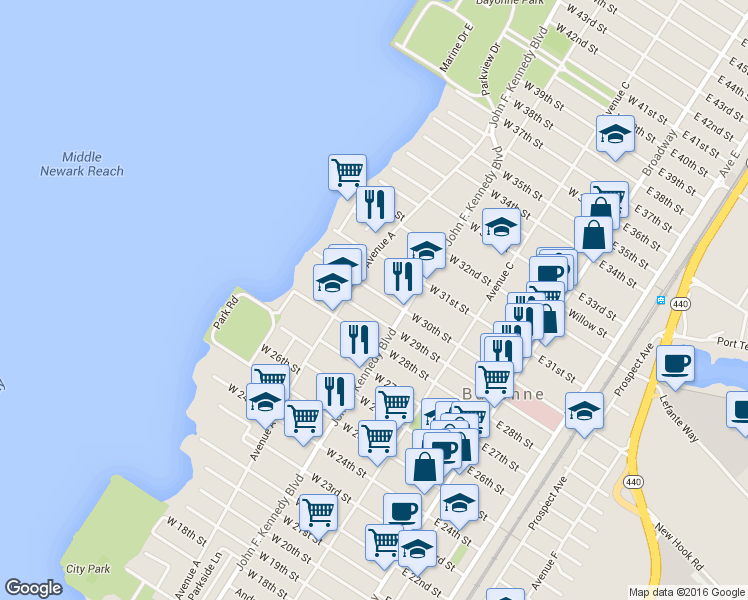 map of restaurants, bars, coffee shops, grocery stores, and more near 143 West 30th Street in Bayonne