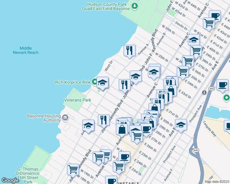 map of restaurants, bars, coffee shops, grocery stores, and more near 143 West 30th Street in Bayonne