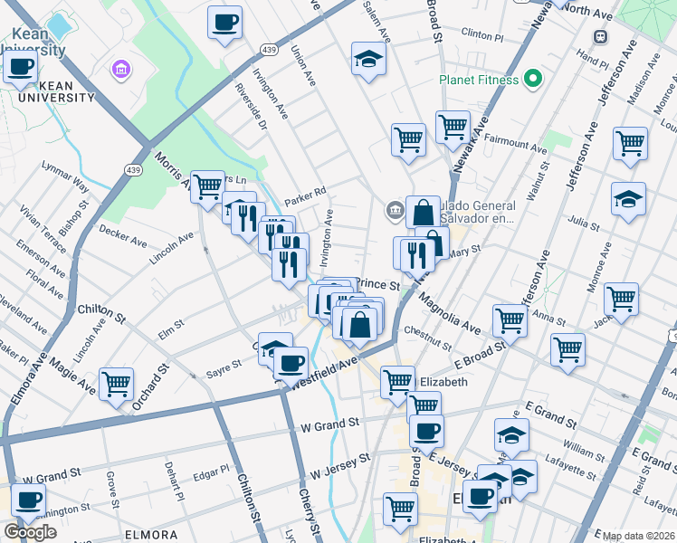 map of restaurants, bars, coffee shops, grocery stores, and more near 24 Oakwood Place in Elizabeth