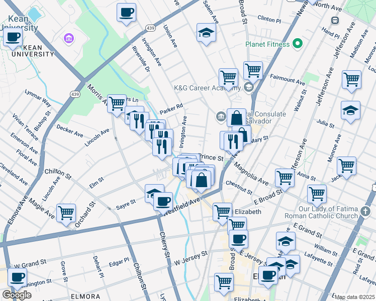map of restaurants, bars, coffee shops, grocery stores, and more near 24 Oakwood Place in Elizabeth
