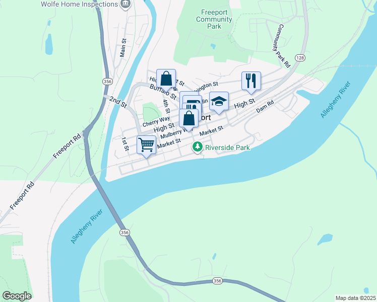 map of restaurants, bars, coffee shops, grocery stores, and more near 419 Market Street in Freeport