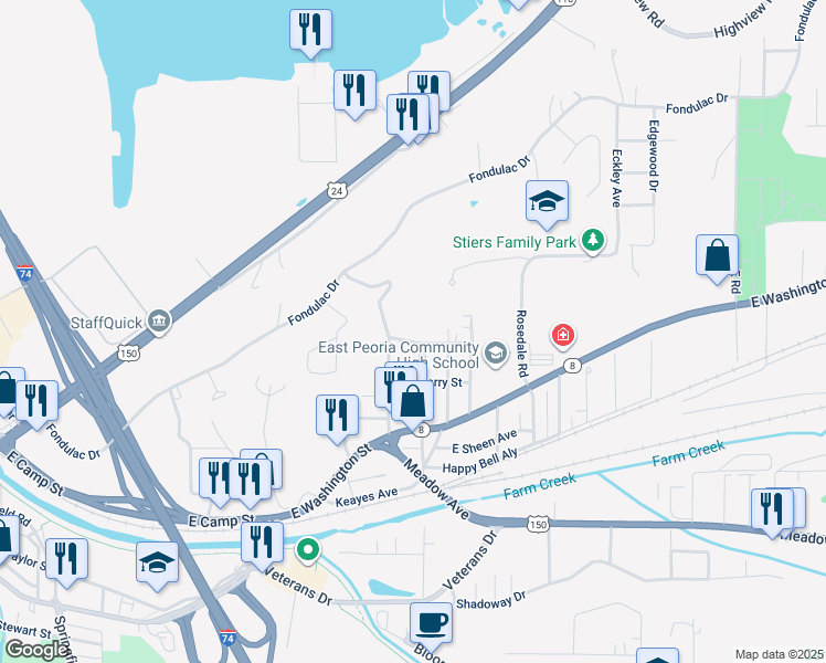 map of restaurants, bars, coffee shops, grocery stores, and more near 140 Woodrow Drive in East Peoria