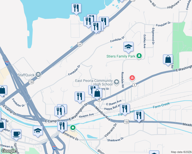 map of restaurants, bars, coffee shops, grocery stores, and more near 404 Woodrow Drive in East Peoria