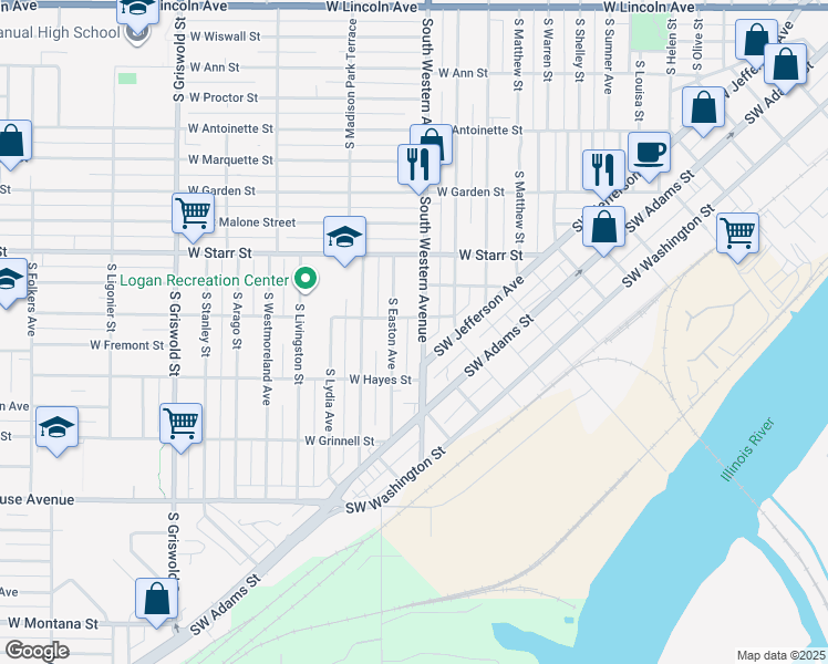 map of restaurants, bars, coffee shops, grocery stores, and more near 1415 South Western Avenue in Peoria