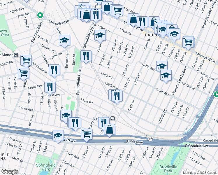 map of restaurants, bars, coffee shops, grocery stores, and more near 139-10 222nd Street in Queens