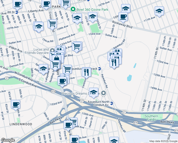 map of restaurants, bars, coffee shops, grocery stores, and more near 13720 Centreville Street in Queens