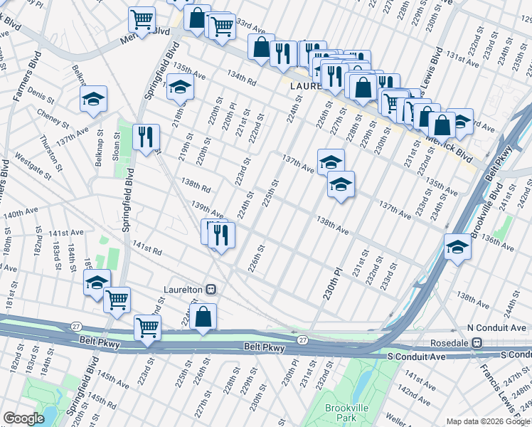 map of restaurants, bars, coffee shops, grocery stores, and more near 225-6 138th Avenue in Queens