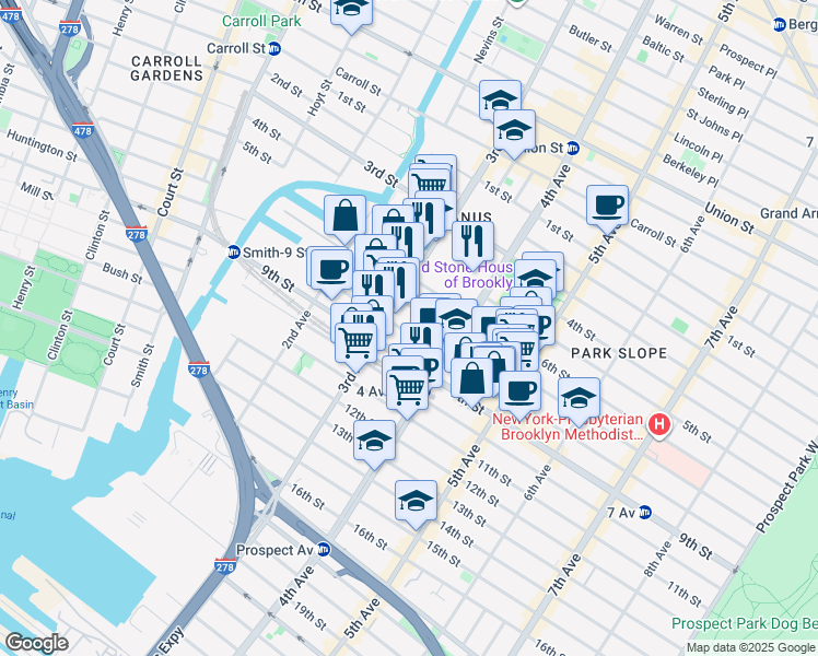 map of restaurants, bars, coffee shops, grocery stores, and more near 415 3rd Avenue in Brooklyn