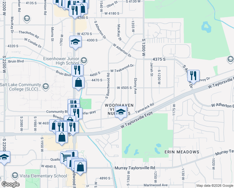map of restaurants, bars, coffee shops, grocery stores, and more near 4535 Driftwood Drive in Taylorsville