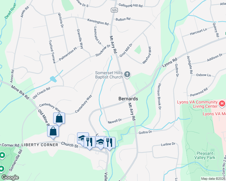 map of restaurants, bars, coffee shops, grocery stores, and more near 9 Chelsea Court in Basking Ridge