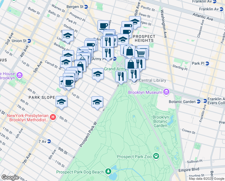 map of restaurants, bars, coffee shops, grocery stores, and more near 139 Prospect Park West in Brooklyn