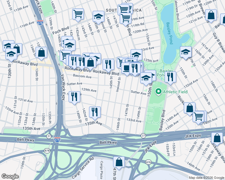 map of restaurants, bars, coffee shops, grocery stores, and more near 126-38 145th Street in Queens