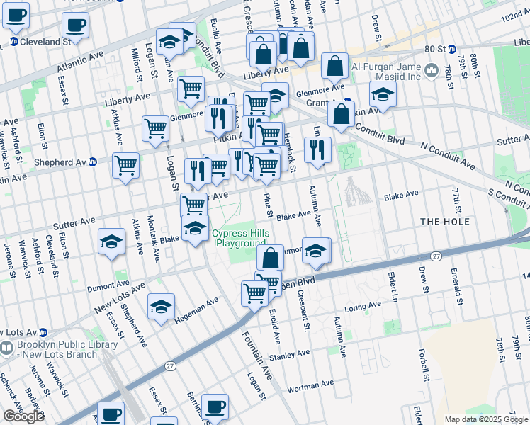 map of restaurants, bars, coffee shops, grocery stores, and more near 526 Pine Street in Brooklyn