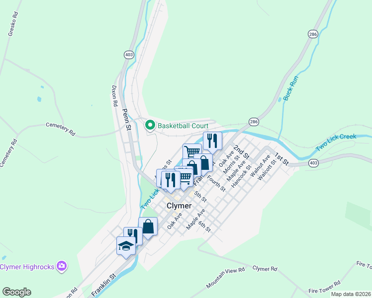 map of restaurants, bars, coffee shops, grocery stores, and more near 341 Adams Street in Clymer