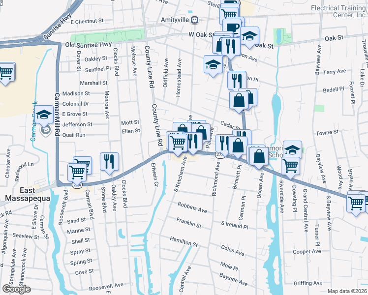 map of restaurants, bars, coffee shops, grocery stores, and more near 9 Southwood Lane in Amityville